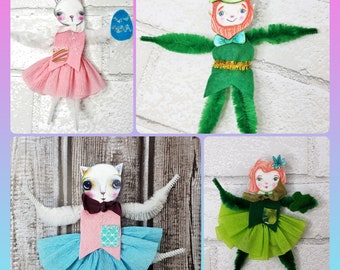 Chenille stem doll ornies pattern PDF - ornaments primitive collage sheet tags ornaments cat bunny leprechaun lassie