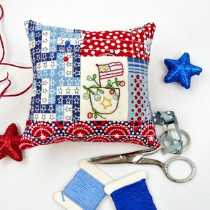 Patriotic Americana Pinnies pattern PDF embroidery Quilted pincushion 4 designs fabric scissors fob pin keep 4th of july image 2