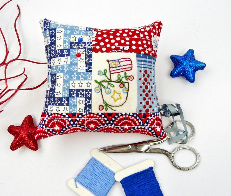 Patriotic Americana Pinnies pattern PDF embroidery Quilted pincushion 4 designs fabric scissors fob pin keep 4th of july image 2