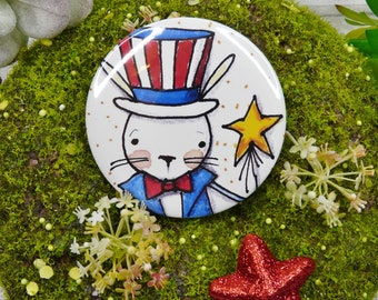 Patriotic bunny rabbit Big art button 3 inches - Pin Painting Print - art artwork vibrant inch uncle sam