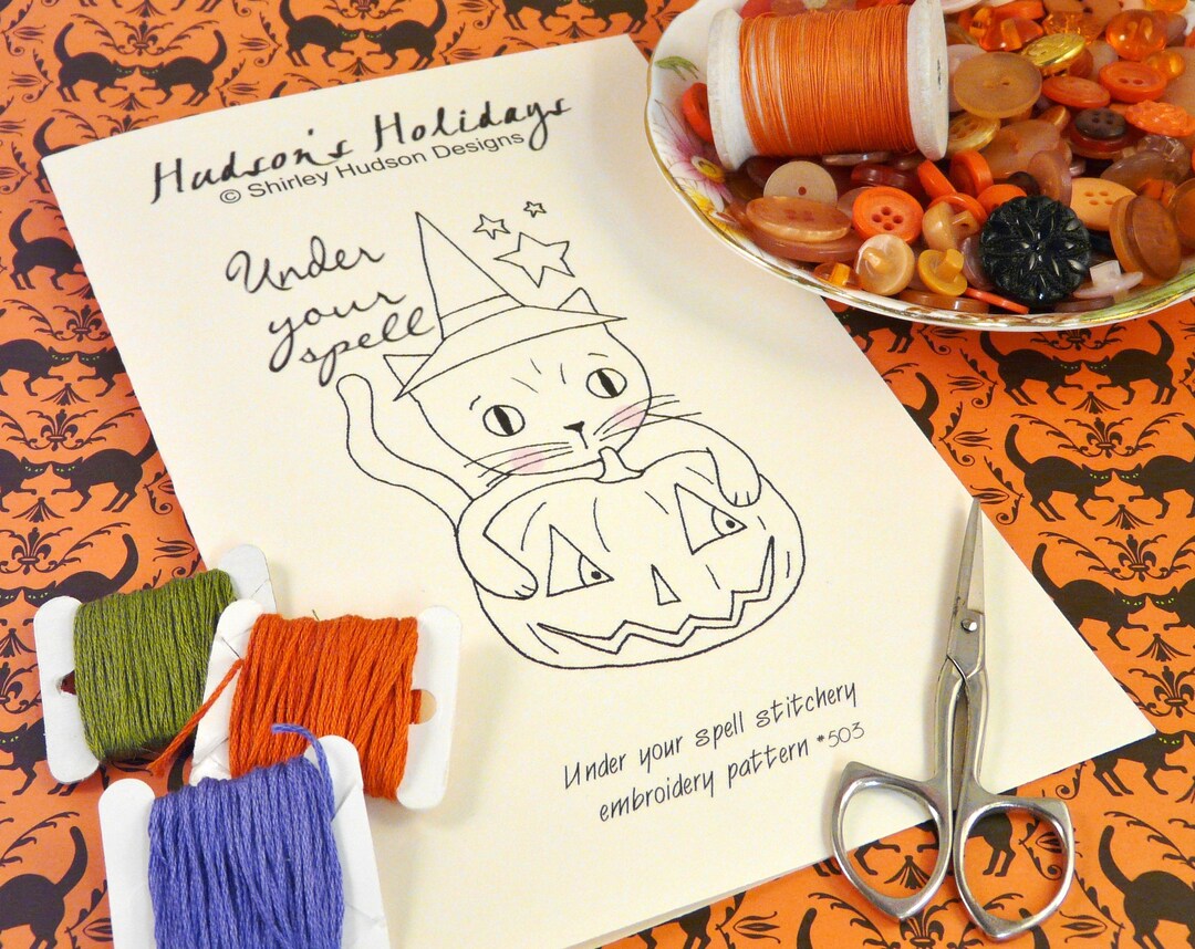 Halloween Witch Cat Pumpkin Stitchery Pattern - PDF Embroidery Under ...