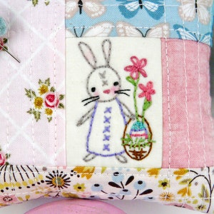 Spring time Pinnies pattern PDF embroidery Quilted pincushion Easter 4 designs fabric scissors fob bunny rabbit image 2