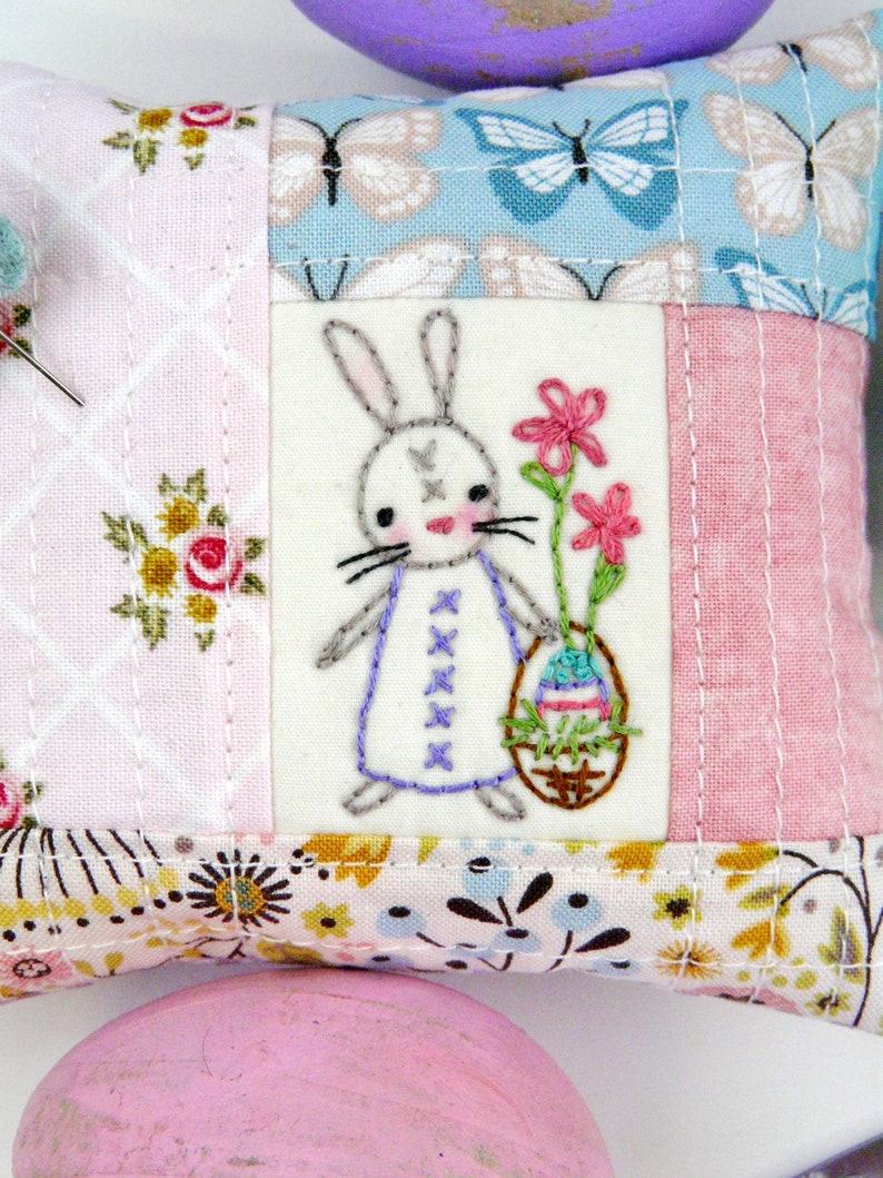 Spring time Pinnies pattern PDF embroidery Quilted pincushion Easter 4 designs fabric scissors fob bunny rabbit image 2