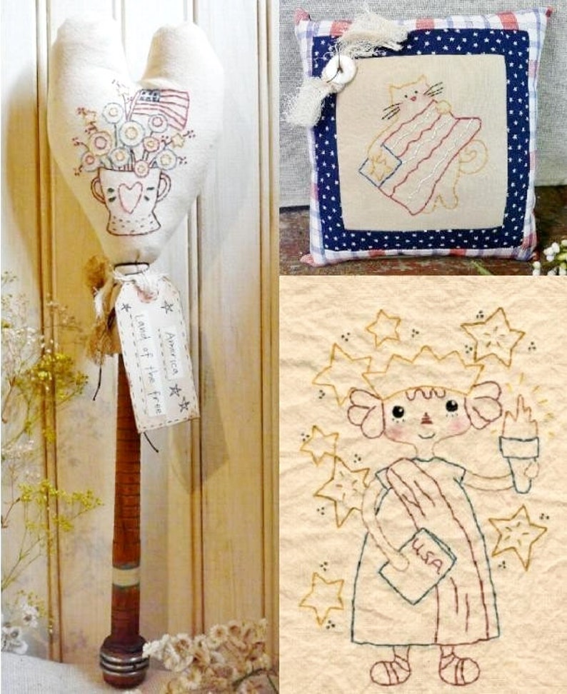 America Lady Liberty Stitchery PDF Pattern 3 in 1 old bobbin kitty cat patriotic image 5