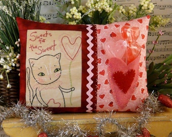 Valentine Kitty cat embroidery pillow Pattern PDF - stitchery new vintage like heart primitive treat gift balloon candy