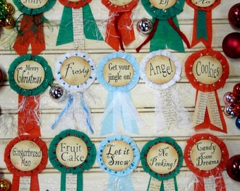 15 CHRISTMAS minis BADGES pins PDF Pattern - doll jewelry ribbon primitive tags party streamer angel frosty candy cane gingerbread man
