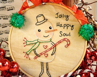 Christmas Snowman embroidery Pattern PDF - jolly happy soul stitchery retro frame candy cane