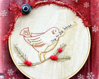 Christmas bird embroidery PDF Pattern - Joy to the world stitchery primitive hoop art berries