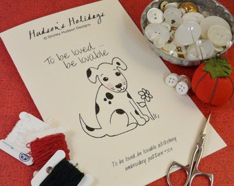 Dalmatian puppy dog embroidery PDF Pattern - stitchery love lovable flower prim primitive