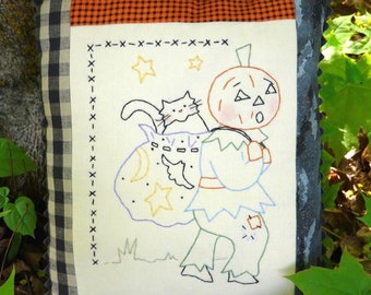 Letting cat outta bag embroidery Pattern PDF - halloween pumpkin man stitchery black cat vintage like primitive