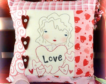 LOVE embroidery Pattern pillow PDF- stitchery girl doll fabric sew