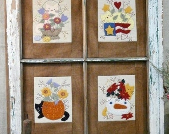 Four Seasons Cats & Flowers Pattern PDF - window frame quilt stitchery embroidery wool applique kitty