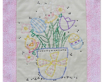 Easter flower bouquet embroidery E Pattern - bunny chick stitchery spring Quilt wallhanging email Pdf primitive