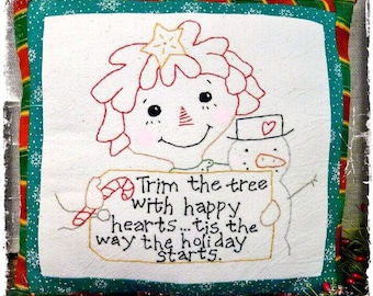 Christmas Raggedy Ann embroidery PDf Pattern - stitchery primitive pillow frosty pinkeep tag pin cushion tuck hand