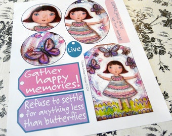 Butterfly girl tags PDF - purple blue pink collage art sheet easy acrylic painting scrapbooking inspiration