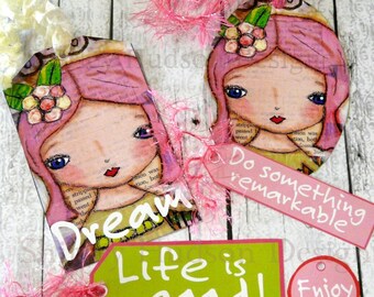 Life is good tags PDF collage art sheet - Pink girl acrylic painting happy blue pink scrapbooking