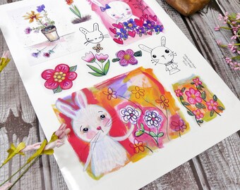Bunnies and flowers collage sheet PDF - spring art  easy acrylic painting scrapbooking bunny easter tags