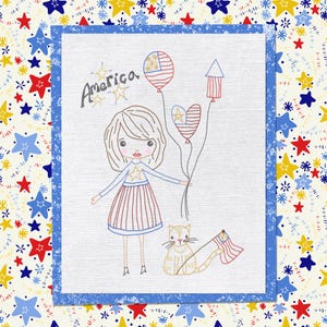 Puede incluir: Ilustración bordada que presenta a una niña sosteniendo globos con diseños de la bandera estadounidense, un gato con una bandera y la palabra "America". La niña lleva una camisa con forma de estrella y una falda a rayas. El fondo tiene un borde azul y un patrón de estrellas.