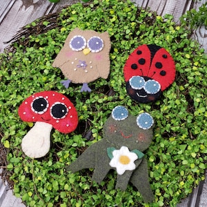 Woodland Forest ANIMALS PIN PDF Pattern - wool felt magnet mushroom owl frog ladybug