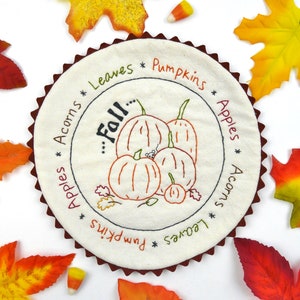 Fall candle mat embroidery Pattern - pdf bounty acorn apple stitchery table pillow pumpkins mouse