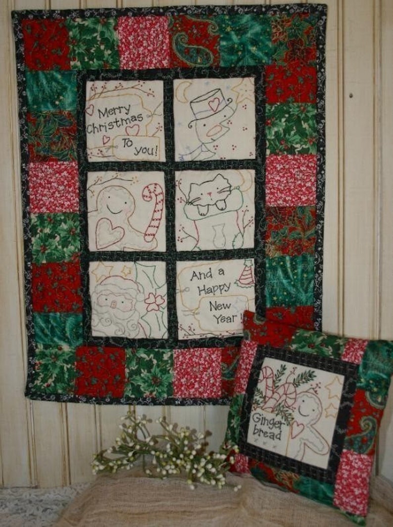 Merry CHRISTMAS embroidery QUILT Pattern PDF santa gingerbread man ginger wallhanging image 4