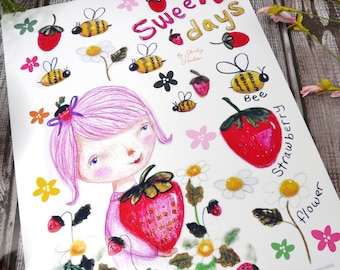 Strawberry & bee girl collage sheet PDF - flowers art easy watercolor painting scrapbooking craft ornaments