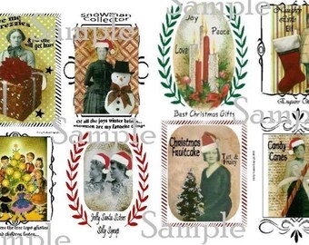 Old Christmas Labels set Collage art 2 Sheets PDF - old photoS Snowman Santa Candy Canes
