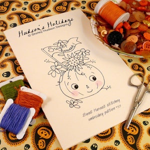 Halloween Sweet Harvest pumpkin embroidery Pattern - PDF stitchery banner primitive