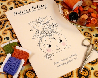 Halloween Sweet Harvest pumpkin embroidery Pattern - PDF stitchery banner primitive