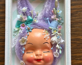 Vintage Handmade Chenille Bunny Rabbit Shadowbox, Anthropomorphic, Millinery Flowers, Kitschy Decor, Rabbit Gift, KITSCH, Kawaii, purple