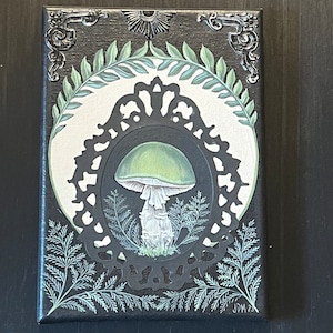 Mini ORIGINAL Art, Acrylic Mushroom Painting on Canvas, Botanical, Nature, Amanita, Woodland, Cottagecore, FERN Painting