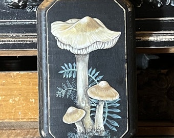 Mushroom Painting on Wood, Mini, ORIGINAL painting, shroom artwork, Miniature, Woodland, Cottagecore,  dark Academia, moody, Mushroom decor