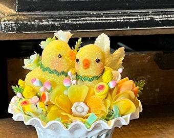Vintage EASTER ~ Anthropomorphic, RETRO Easter, Kitsch, Green, Millinery Flowers, plastic Basket, Nut Cup, Decorations, glittered Chicks