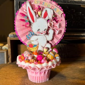 Vintage HANDMADE Easter anthropomorphic Bunny Rabbit in Pastic Basket, Easter Home Decor, OOAK, Unique Gift, Retro, Kitschy, Cottage, Pink