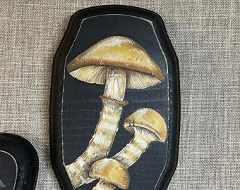 Mushroom Painting on Wood, Mini, ORIGINAL painting, shroom artwork, Miniature, Woodland, Cottagecore,  dark Academia, moody, Mushroom decor