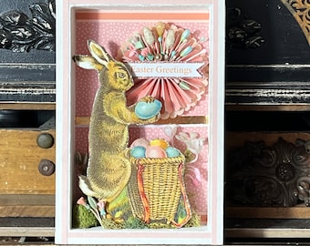 Vintage Easter shadowbox, Easter Decoration, Vintage Easter Decor, handmade Easter gift, antique, Bunny Rabbit, Wood diorama box, Easter Art