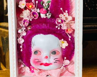 Vintage Handmade Chenille Bunny Rabbit Shadowbox, Anthropomorphic, Millinery Flowers, Kitschy Decor, Rabbit Gift, KITSCH, Kawaii, Magenta