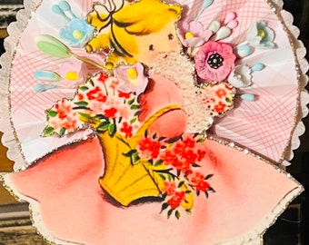 Vintage Adorable Girl with Flowers Spool, Vintage Birthday Decor, Vintage, RETRO, Kitsch, Kawaii, Handmade Vintage Decoration, MCM, Pink