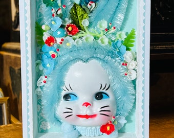 Vintage Handmade Chenille Bunny Rabbit Shadowbox, Anthropomorphic, Millinery Flowers, Kitschy Decor, Rabbit Gift, KITSCH, Kawaii, AQUA