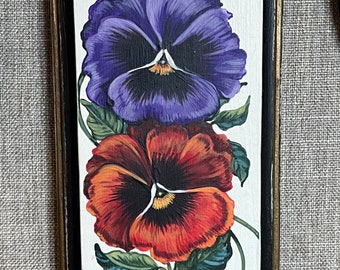 ORIGINAL Art,  Mini Acrylic PANSIES Painting on Wood, Botanica,  Miniature, Woodland, Cottagecore, Mothers Day Gift, Floral, Pansy flower