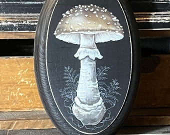 Mushroom Painting on Wood, Mini, ORIGINAL painting, shroom artwork, Miniature, Woodland, Cottagecore,  dark Academia, moody, Mushroom decor