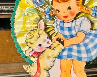 Vintage Adorable Girl with Lamb Spool, Vintage Birthday Decor, Vintage, RETRO, Kitsch, Kawaii, Handmade Vintage Decoration, MCM, Yellow