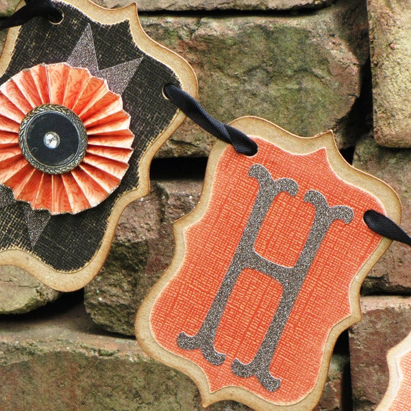 Vintage Inspired HALLOWEEN Banner Garland Victorian Paper Rosettes Orange and Black