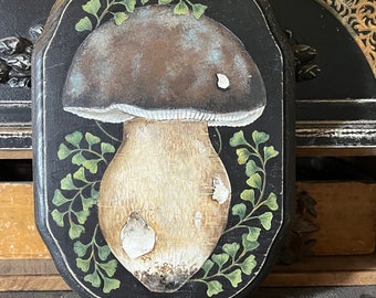 Original Mushroom Painting on Wood: Cottagecore Woodland Decor (5x7”)