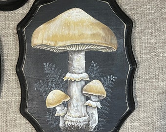 Original Mushroom Painting on Wood: Cottagecore Woodland Decor (5x7”)