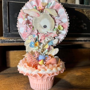 Vintage HANDMADE Easter anthropomorphic Bunny Rabbit in Pastic Basket, Easter Home Decor, OOAK, Unique Gift, Retro, Kitschy, Cottage, Pink