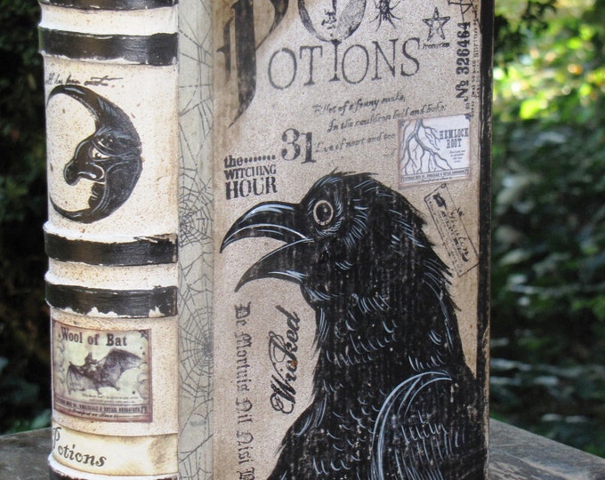 MEDIUM Vintage Paper Mache Halloween Witch's Book of POTIONS Box Hand