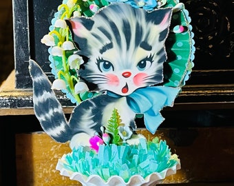 Vintage Kitty Cat ~ Anthropomorphic cat, RETRO Kitsch, Pink, Millinery Flowers, plastic Basket, Nut Cup, Decorations, Kawaii, Spring Decor