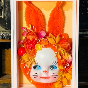 Vintage Handmade Chenille Bunny Rabbit Shadowbox, Anthropomorphic, Millinery Flowers, Kitschy Decor, Rabbit Gift, KITSCH, Kawaii, Orange