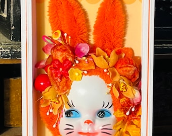 Vintage Handmade Chenille Bunny Rabbit Shadowbox, Anthropomorphic, Millinery Flowers, Kitschy Decor, Rabbit Gift, KITSCH, Kawaii, Orange